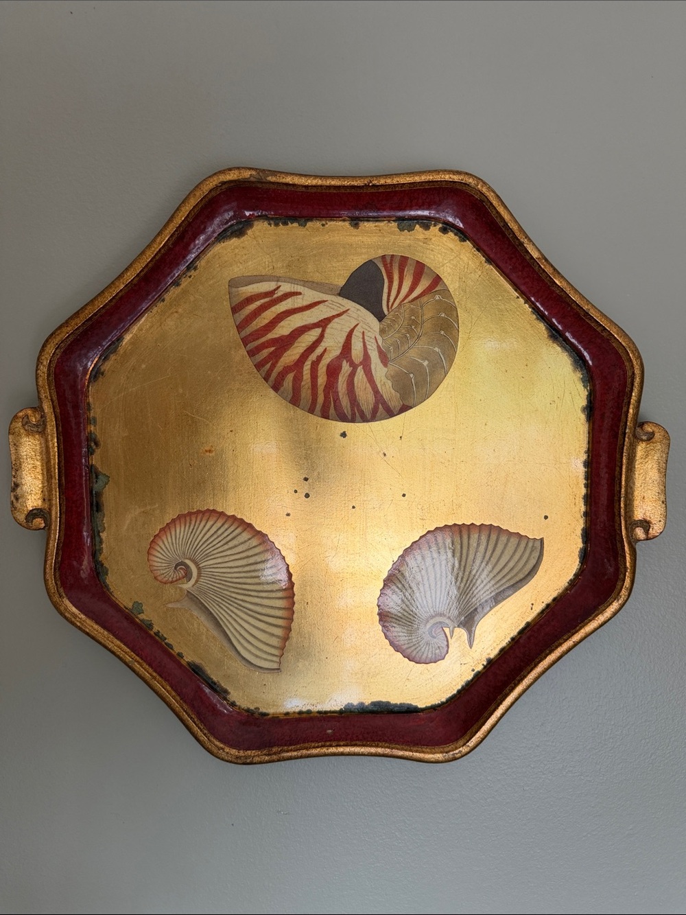 VIETRI gold tone nautilus shell octagonal serving tray wall decor VINTAGE